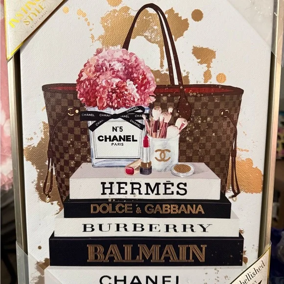 Inspired Canvas Art with Brown Tote and Pink Flowers - Picture 3 of 3